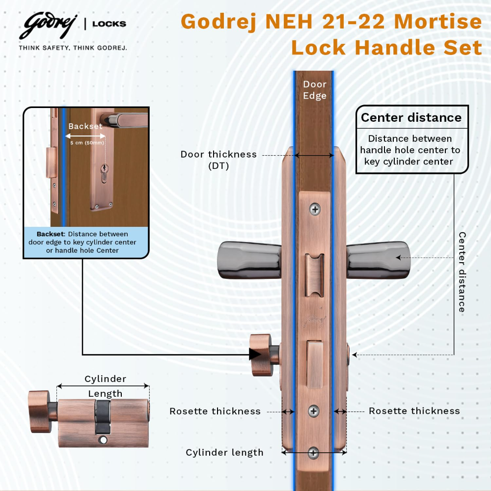 Godrej Mortise Lock|Handle Lock Set for Main & Internal Door of Home & Offices|NEH 21|Black Antique Finish|8 inch Lockbody|60 mm Cylinder Key from outside knob from inside & 3 Keys|5 Years Warranty